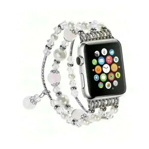 Beaded Bracelet Watchband for Apple Watch, silver white theme